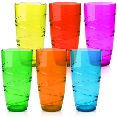 HEFTMAN Plastic Tumblers Set of 6-550ml Acrylic Tumbler Glasses with Swirl Design, Stackable Re-usable Plastic Glasses for Garden, Picnics, Camping, BBQs, Parties or Everyday Use (Coloured)
