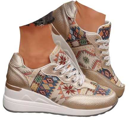 Xbemkste Sneaker dam, kilklack, platå, fritidsskor, andas, snörning, sportskor, sneakers, dam, halvskor, bekväma löparskor, promenadskor, Guld, 37.5 EU