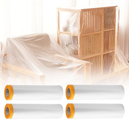 GBKDQQ Lot de 4 rouleaux de film de masquage avec ruban adhésif - 270 cm x 20 m - Film autocollant transparent pour peintre avec papier jaune pour protéger la poussière - Pour peindre et rénover