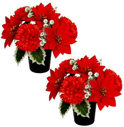 Christmas Artificial Flowers for Graves Pack 2 | Red Poinsettia with Chrysanthemums | Cemetery Artificial Grave Flower Pots | Durable Grave Pot for Floral Arrangement Decorations