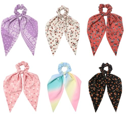 Ipetboom 6pcs Élastiques à Cheveux Vintage Imprimés Fleuris en Tissu Ruban Noué, Décoratifs et Faciles à Enlever Usage Quotidien Féminin Plusieurs styles
