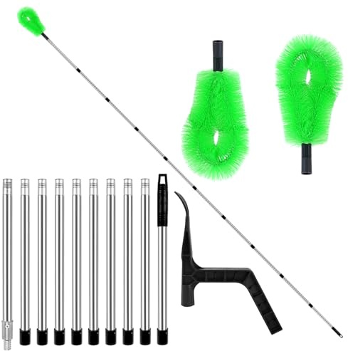 2-in-1 Gutter Cleaner Kit 4M/13FT Extend Telescopic Roof Gutter Cleaning Extension Tools Kit with 2 Gutter Brushes & A Leaf Shovel for Removes Leaf Debris, Spider Webs from Villas, Ditch, Gardens