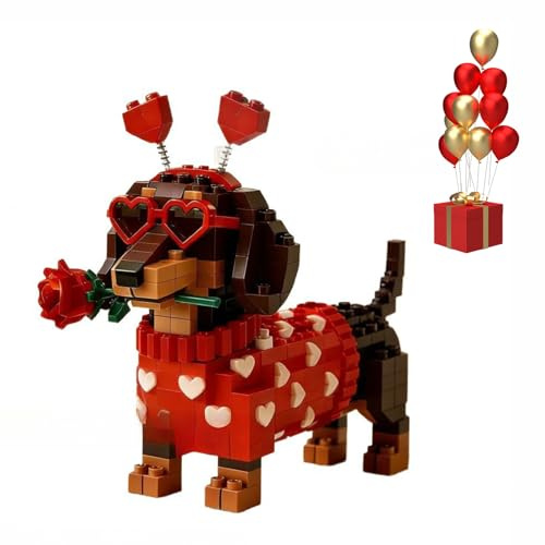 2026 Esclusivo set di mattoncini per bassotto per San Valentino 2026, set di mattoncini per bassotto 3D fai da te, giocattolo di mattoncini per cani carino con rosa, per amanti dei cani e adult 1 PCS