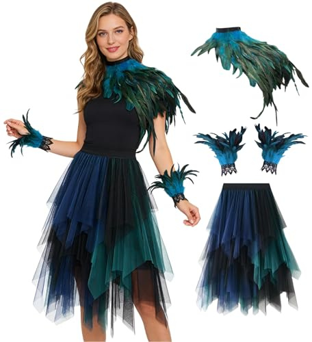 Pfau Kostüm Damen Faschingskostüm 3 Stück Blau Pfau Tüllrock Feder Cape Handschuhe FaschingskostüM Accessoires Damen Karneval Kostüme Pfaun Accessoires für Karneval Halloween Maskerade Party