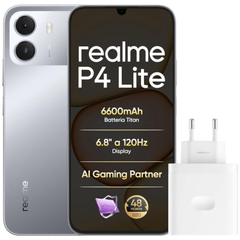 realme P4 Lite Smartphone, 4+128 GB, Display 6.8 120Hz, Batteria Titan 6600mAh, Carga 15W con inversa 6W, Protezione ArmorShell, Lunga autonomia Ricarica rapida Telefono, Grey