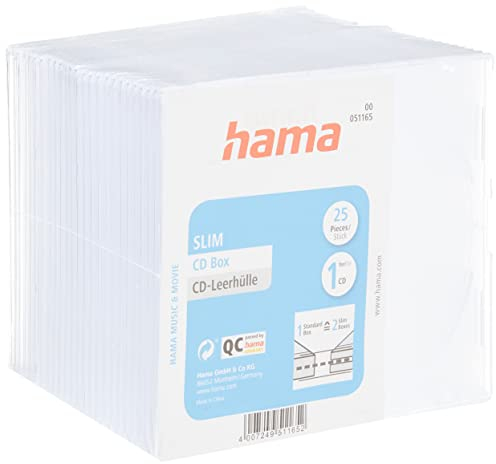Hama Boîtier Slim (pour CD et disques Blu-Ray, Ultra Mince, avec Une Feuille pour la Couverture, Lot de 25) Transparent