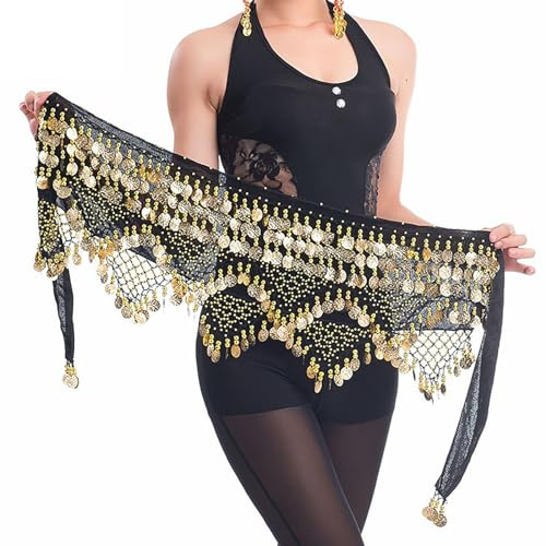 Baisdan Women's Sweet Belly Dance Hip Scarf, Belly Dance Skirt Wrap Gold Coins Costume Black