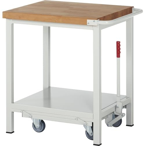 eurokraft | Fahr- und absenkbare Werkbank | Gestellbauweise Serie 8000 | 1 Ablageboden | BxT 750 x 700 mm