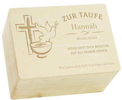 LAUBLUST Holzkiste mit Gravur - Personalisiert mit Name | Datum | WIDMUNG - Natur Größe XL - Friedenstaube Motiv - Geschenkkiste zur Taufe - FSC®