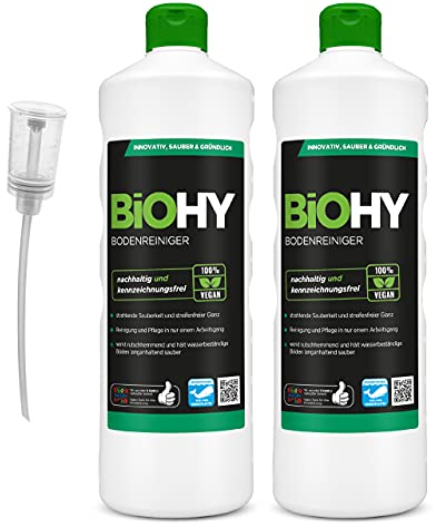 BiOHY Detersivo per pavimenti (2 bottiglie da 1l) + Distributore | Concentrato per tutte le apparecchiature di pulizia e tutti i pavimenti duri | Pulizia senza striature (Bodenreiniger)