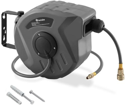 tectake® Enrouleur pneumatique avec tuyau air comprimé 10 m, raccord rapide 1/4, Support mural rotatif à 180° et amovible, 8-12 bars, Dévidoir automatique Enrouleur tuyau air comprimé Atelier Garage