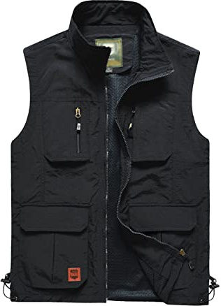 Gnveub Men’s Fishing Vest Outdoor Work Quick-Dry Hunting Zip Reversible Travel Vest Jacket with Multi Pockets(Black,L)