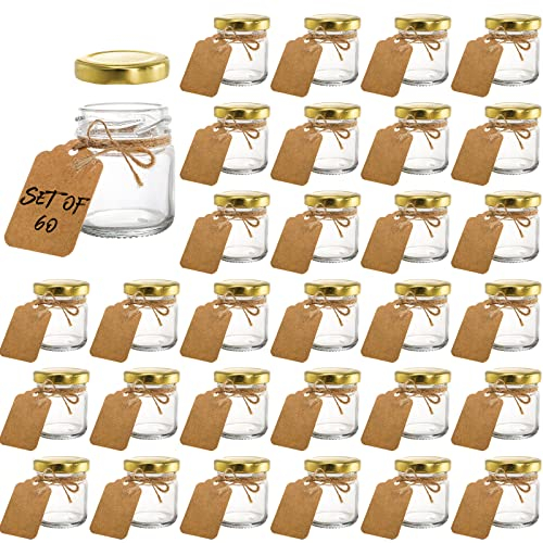 Kingrol 60 Pack Mini Glass Jars with Gold Screw Lids - 45ML Round Jars for Spices, Herbs, Jams, Crafts, Wedding Party Favors, Decor