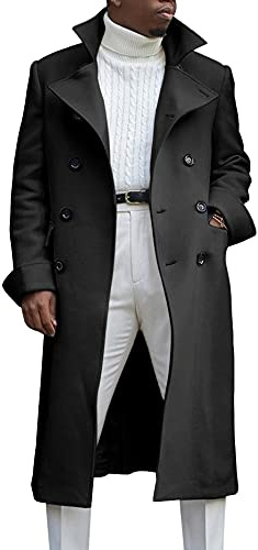 Ebifin Men's Notch Lapel Double Breasted Long Trench Coat Casual Cotton Blend Peacoat