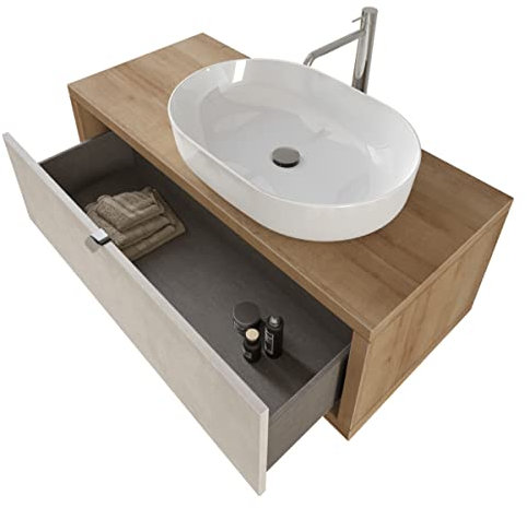 Yellowshop - Mobile bagno sospeso 110 cm cassetto intero e lavabo specchiera (opz.) Domus Rovere Farnia/Cemento grigio chiaro (Mobile con Lavabo)
