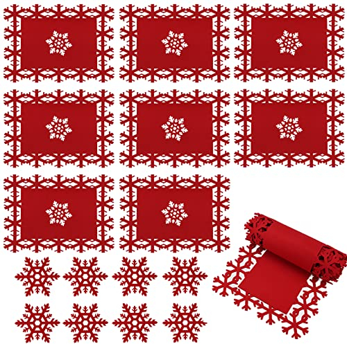 Filz Tischset Platzset Weihnachtstisch, EBANKU 8PCS Abwaschbar Filzuntersetzer Platzdeckchen Untersetzer Teller Platzset + Glas Untersetzer + Tischläufer für Küchentisch Tischsets