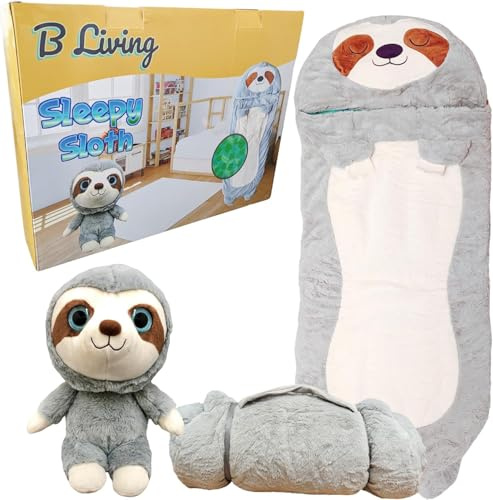 Kids Sleeping Bag With Pillow - Large Sleeping Bag For Children With Cute Plush Toy. Sloth Animal Sleeping Bags For Kids, Foldable Cosy Nappers For Sleepover, Happy Napping For Boys And For Girls.