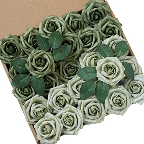 YEEFLORA Artificial Flowers, 25pcs Realistic Artificial Rose for Centerpieces Arrangements, Sage Green Foam Flowers with Stem for Bridal Shower Party Home Decorations