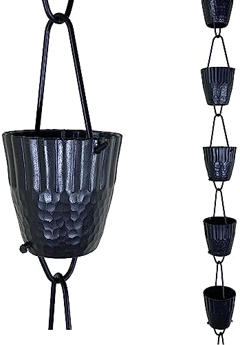 Rain Chains by JASINC 8.5 ft Ruffle Cups Hammered Black Powder Coated Aluminum, to Replace Roof Gutter Downspout, with Installation Kit, Rainwater Catcher/Water Diverter, JAS3003BLK