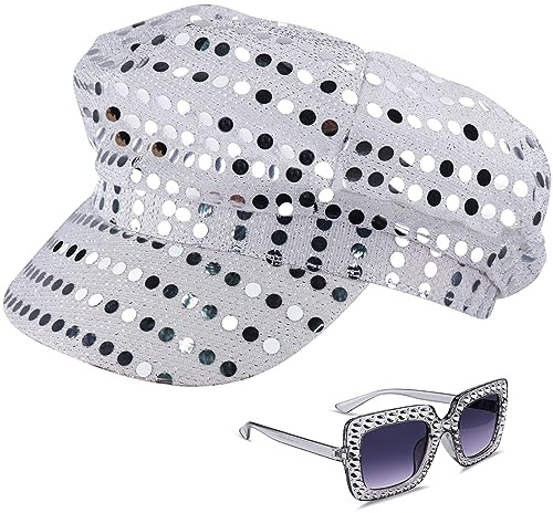 Yotako 2Pcs Glitter Hat for Abba Accessories Women with Sequins Hat Bling Sunglasses Disco Costume Set for Abba Fancy Dress Costume Accessories Women Theme Party Birthday Dance