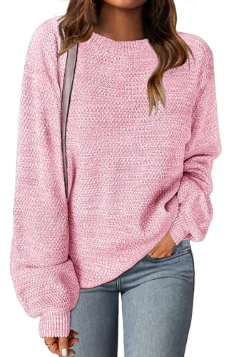 MEROKEETY Sweaters for Women Fall Winter 2026 Oversized Pullover Spring Crew Neck Long Sleeve Heathered Knit Tops Pink X-Large