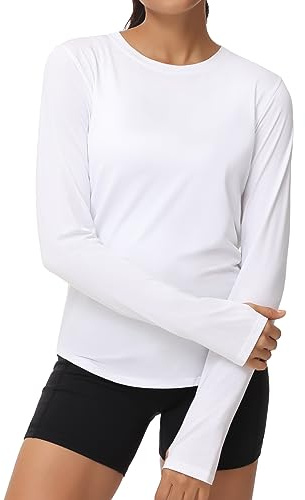 THE GYM PEOPLE Damen Langarm Sportshirt Rundhals Laufshirt mit Daumenloch | Daumenlöcher, Hautfreundlich, Geschwungener Saum, Atmungsaktiv, Stretch, Leicht, Sport Oberteile für Yoga Fitness Freizeit