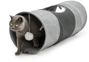 lionto Tunnel per gatti con palla da gioco, 30x70 cm, Tunnel da gioco pieghevole ed espandibile in materiale di lino sintetico di facile manutenzione per gatti, robusto giocattolo per gatti, 30 cm