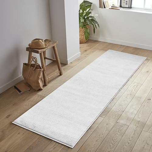 Jimri Flauschiger Teppich Läufer - Hochwertiger Kurzflor für Zuhause, Büro, Küche, Eingang, Flur, Wohnzimmer - Maschinenwaschbar - Rutschfester Teppich Waschbar - 60x110 cm - Cream_Weiß