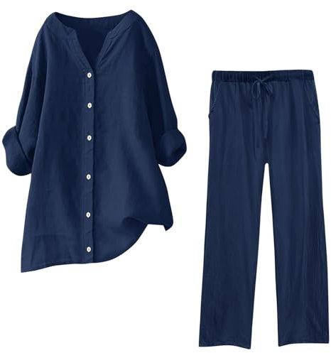 2-teiliges Damen-Outfit, weites Bein, Bluse, Taschen, elastische Hose, lässiges V-Ausschnitt-Hemd, Hose, modische Streetwear Zweiteil Elegant Hausanzug Ältere Damen