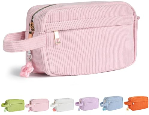 Fycyko Toiletry Bag for Women and Men Portable Travel Corduroy Toiletries Accessories Cosmetic Organizer Wash Pouch Gym Shaving Shower Bathroom Dopp Kit Make Up Bags with Handle - Pink