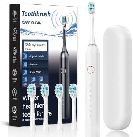 Brosse à dents électrique à 6 modes, 4 têtes de brosse de rechange, brosse à dents sonique rechargeable USB, étanche ipx7 pour le nettoyage en profondeur des gencives (Blanc, Taille unique)