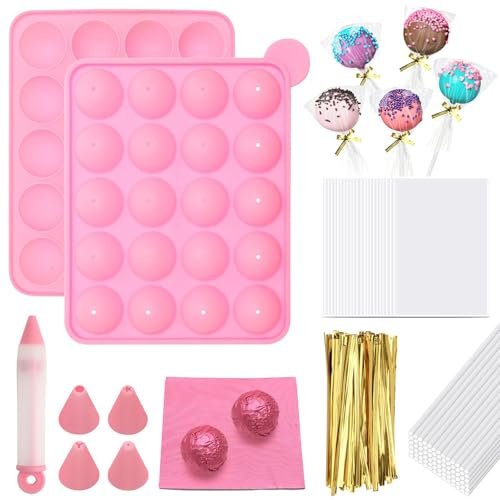 402Pcs Cake Pop Mold Kit, Hoedia 20 Cavity Silicone Cake Pop Maker Mold with 100 Cake Pop Stick, 100P Candy Bags, 100P Gold Ties, 100 Foil Candy Wrappers, Decorating Pen for Making Lollipop