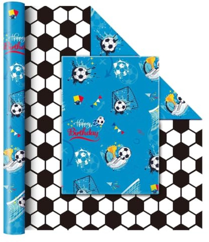 WERNNSAI 2 Rollen Fußball Geschenkpapier 10m x 43cm Sportmotiv | Fußball Geburtstag Partydekoration Sport Geschenkverpackung für Junge Kinder Blau & Schwarz-Weiß Kariert Doppelseitig