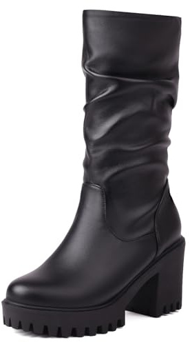Gicoiz Mujer Punta Rojoonda Invierno Media Pierna Ruched Botas Plataforma Sin Cordones Casual Chunky Tacón Alto Moda Riding Botín Comodo Negro Talla 39 EU-40Cn