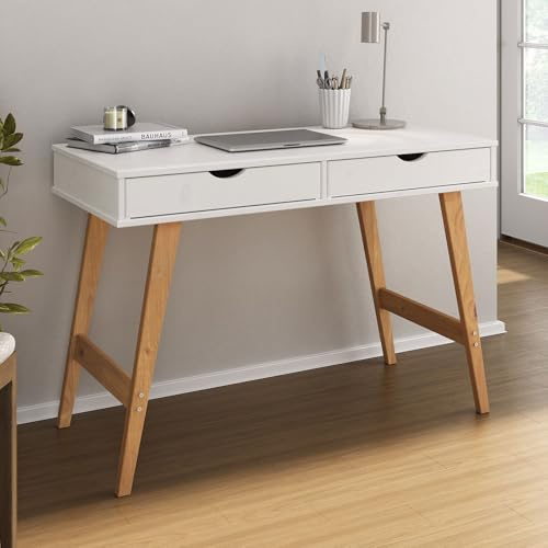IDIMEX Schreibtisch Milo mit 2 Schubkasten, Massivholz, stabil und langlebig, ideal für Home-Office, weiß/Eiche Farben, Schubladen für Stauraum