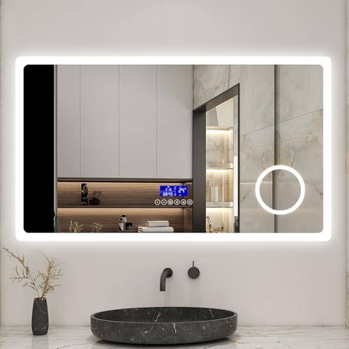 AICA Miroir Salle de Bain 100 x 60cm, Bluetooth + 3 Couleurs + dimmable + grossissant + Horloge + Anti-buée + mémoire, Miroir Lumineux