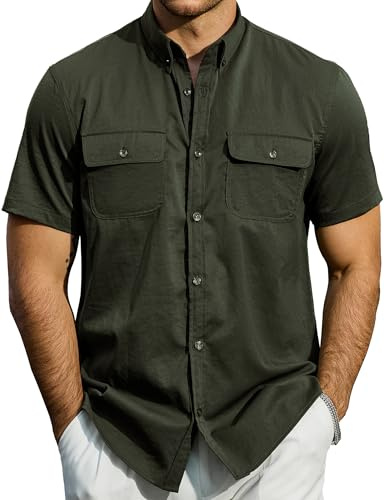 JOGAL Mens Button Down Short Sleeve Shirt Regular Fit Button Up Work Shirts with Two Pockets Army Green Large