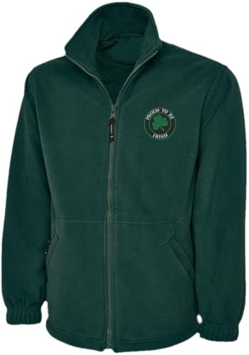 Embroidered Proud To Be Irish Badge Full Zip Fleece Jacket, Ireland Flag Jacket, Patriotic Jacket, Casual Wear Jacket Bottle Green