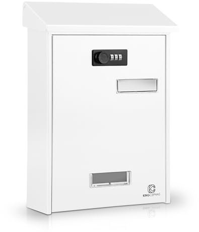 KINGCEPHAS Wall-Mounted Mailbox with Combination Lock, Suggestion Box, Square & Upright Capacity, Waterproof Postbox, High Rust Resistance Letterbox,Mailboxes for Outside,9” x 3.4” x 12.4” (White)
