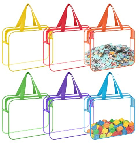 6 Pcs Toy Storage Bags with Handle and Zips, PVC Waterproof Toy Organiser Clear Bags for Travel, Kids Toy Storage for Building Blocks, Puzzle, Board Games 11.8x8.6x3.9 inch (Multicolor)