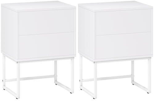 HOMCOM Pack de 2 Mesitas de Noche Estrechas Mesillas de Noche Dormitorio con 2 Cajones Apertura por Presión y Patas de Acero Estilo Moderno 40x30x55 cm Blanco