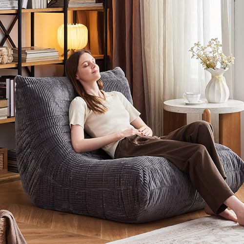 ZOOVEE Giant Bean Bag Chair, Memory Foam Filled Oversized Corduroy Floor Sofa for Adults, High-Rebound Boneless Lazy Chair for Living Room, Bedroom, Reading & Gaming, Grey