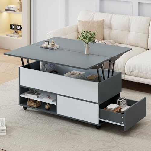 100*98*65cm Couchtisch Höhenverstellbarer Kaffeetisch mit Verstecktem Stauraum und Ablage, Wohnzimmertisch mit Rollen und Schubladen, multifunktionaler Esstisch mit großem Stauraum, grau-weiße Spleiße