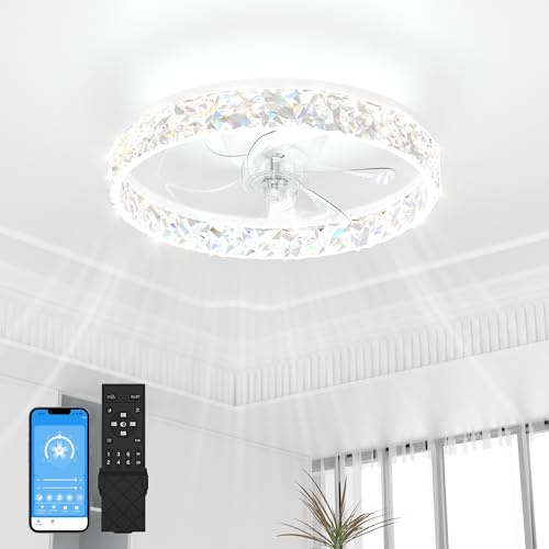 SUNKENET Ceiling Fans with Lights and Remote, 40cm LED Fan Ceiling Light, 3000K-6500K Dimmable Smart Ceiling Fan Light, 6 Wind Speeds & Reversible, Modern Fan Light Ceiling for Bedroom(White)