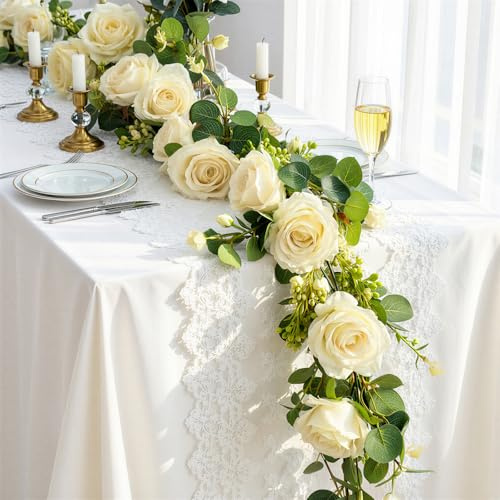 Lewondr Künstlicher Eukalyptus Girlande mit Blumen, 2Stück 4M Kunst-Blumenranken Gestecke, Pflegefrei für Hochzeitstisch Hintergrund Party Tischdekoration Raumdeko, Champagner