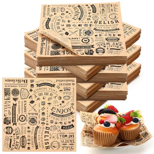 Outus 500 Pcs 7 x 7 Inch Deli Wax Paper Sheets Sports Party Grease Resistant Tray Basket Liners Newsprint Paper Water and Grease Proof Sandwich Wrapping Square Hot Dog Wrapper for Food Baking (Brown)