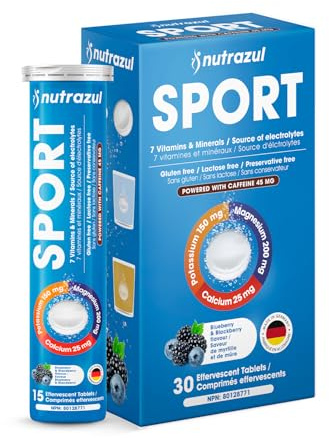 nutrazul Sports Effervescent Tablets, Electrolytes & 7 Vitamins & Minerals, Daily Hydration and Energy, 45mg Caffeine, Blueberry & BlackBerry Flavor, 30 Count