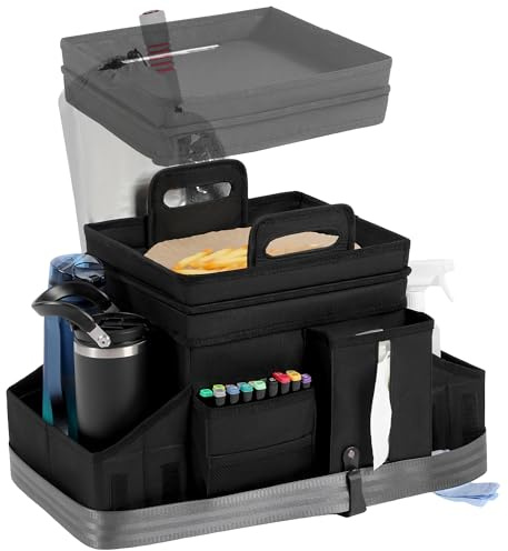 LUVHOMEE Organisateur et Rangement de Voiture pour Siège Arrière et Avant - Caddy Pliable avec Sangle d'Appui-Tête, Glacière Isolée Étanche, Couvercle et Porte-Gobelets | Adapté au Siège Passager