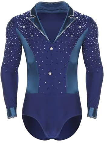 TiaoBug Herren Latein Body Langarm V-Ausschnitt Ballettanzug Revers Hemdbody Mesh Patchwork Ballett Trikot Gymnastikanzug Eiskunstlauf Leotard Kostüm