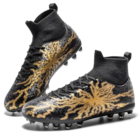 HRJR Men's Soccer Cleats Football Cleats for Unisex-Adult High-Top Spikes Shoes for Youth Big Boys Lightweight Professional Training Turf Outdoor Athletic Sneaker Black 8